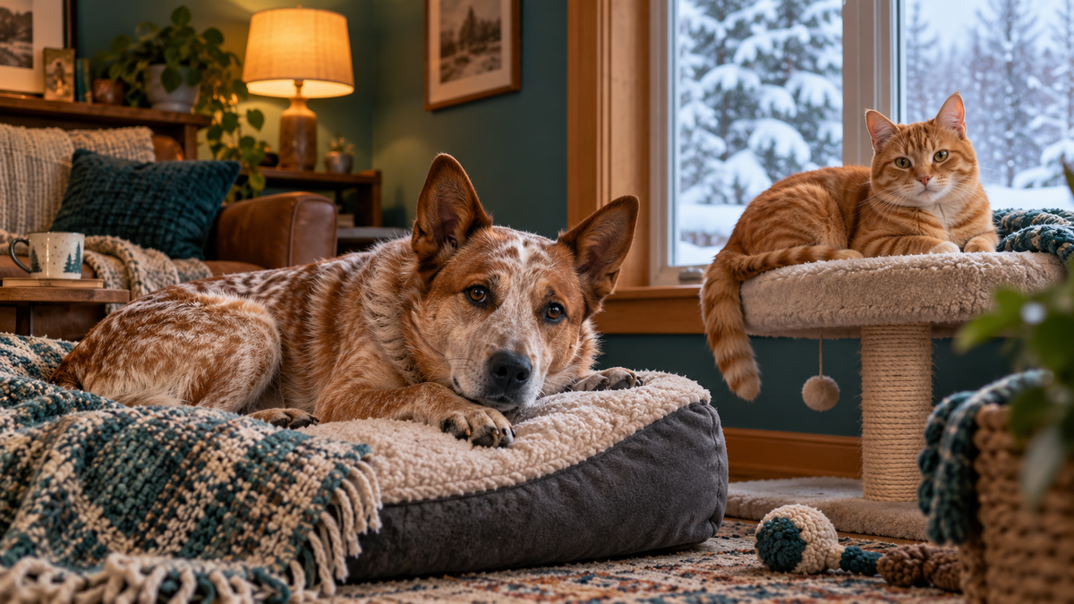 Red heeler dog and orange tabby cat resting indoors near a window during a snowy winter day