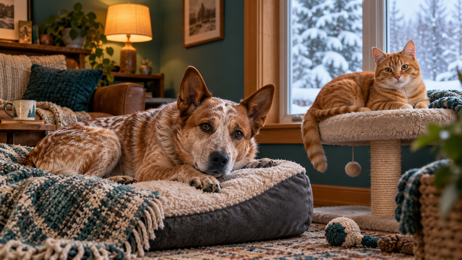 Red heeler dog and orange tabby cat resting indoors near a window during a snowy winter day