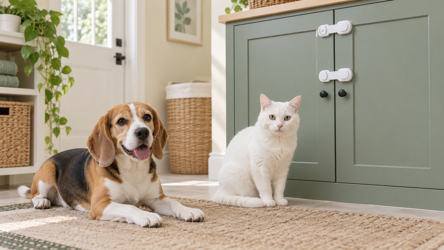 Beagle dog and white cat sitting safely outside a closed household storage cabinet with childproof latches