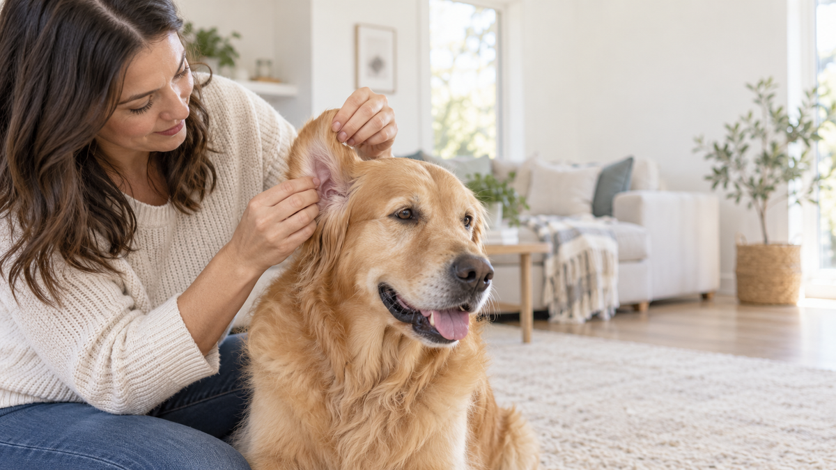 Golden retriever sitting calmly while an owner checks the outer ear in a bright home