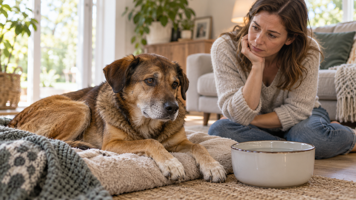 Concerned owner observing an alert brown mixed-breed dog resting near a fresh bowl of water