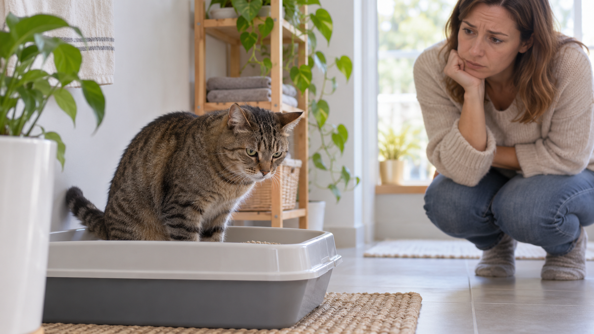 Concerned owner observing a male tabby cat making repeated visits to a clean litter box