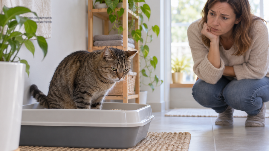 Concerned owner observing a male tabby cat making repeated visits to a clean litter box