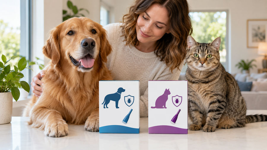 Dog and cat sitting beside clearly separated species-specific flea and tick product boxes on a counter