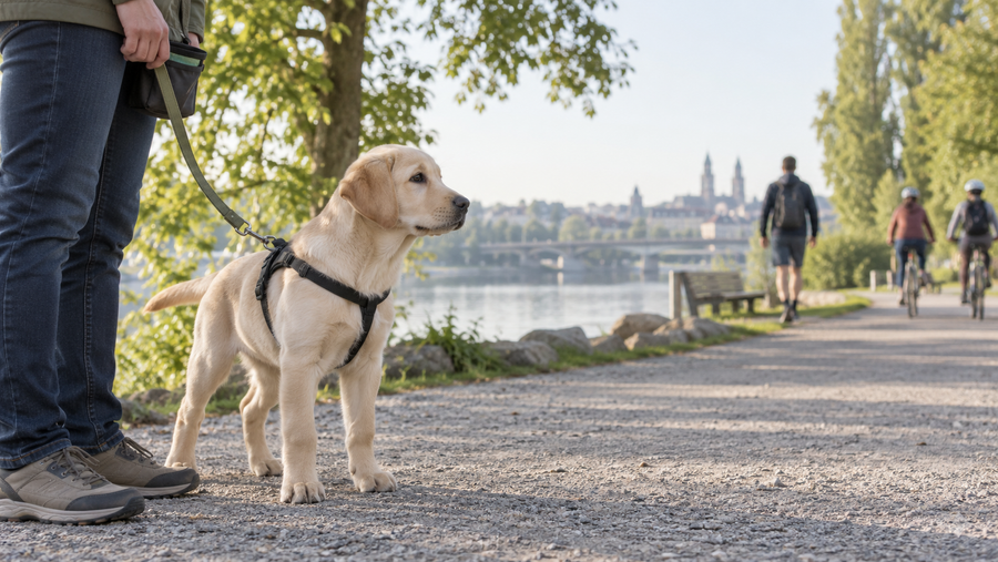 Confident young Labrador puppy calmly observing people and bicycles from a safe distance outdoors