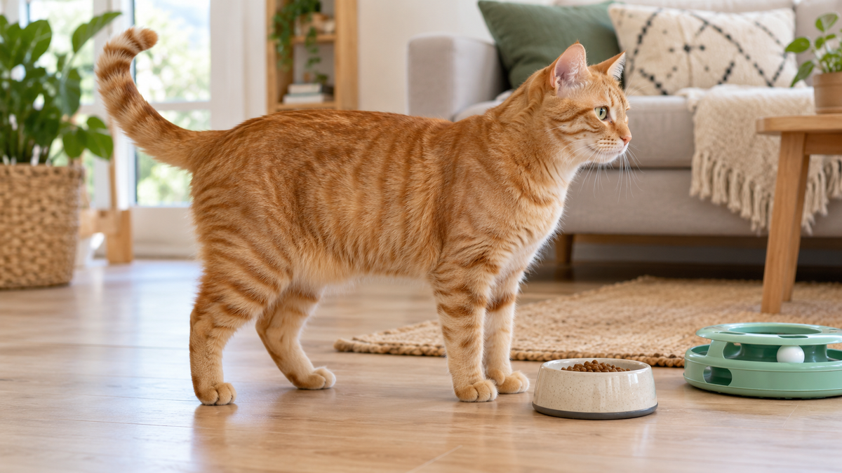 Healthy adult orange tabby cat standing in profile near measured food and an interactive toy
