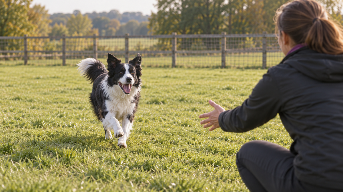 Happy border collie running toward an owner after a recall cue in a securely fenced field