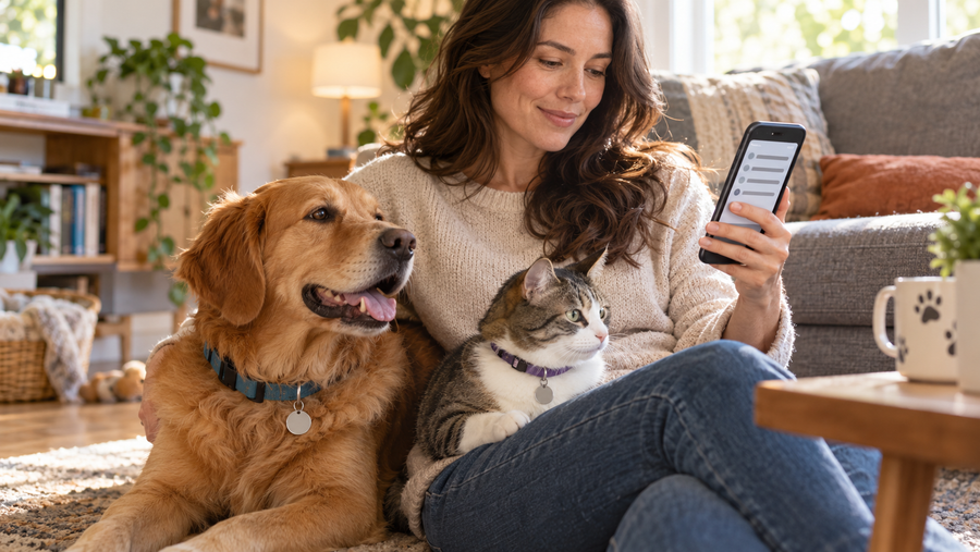Dog and cat wearing secure identification while an owner checks updated contact details on a phone