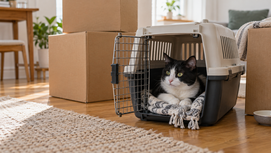 Calm black-and-white cat resting in an open carrier beside neatly packed moving boxes