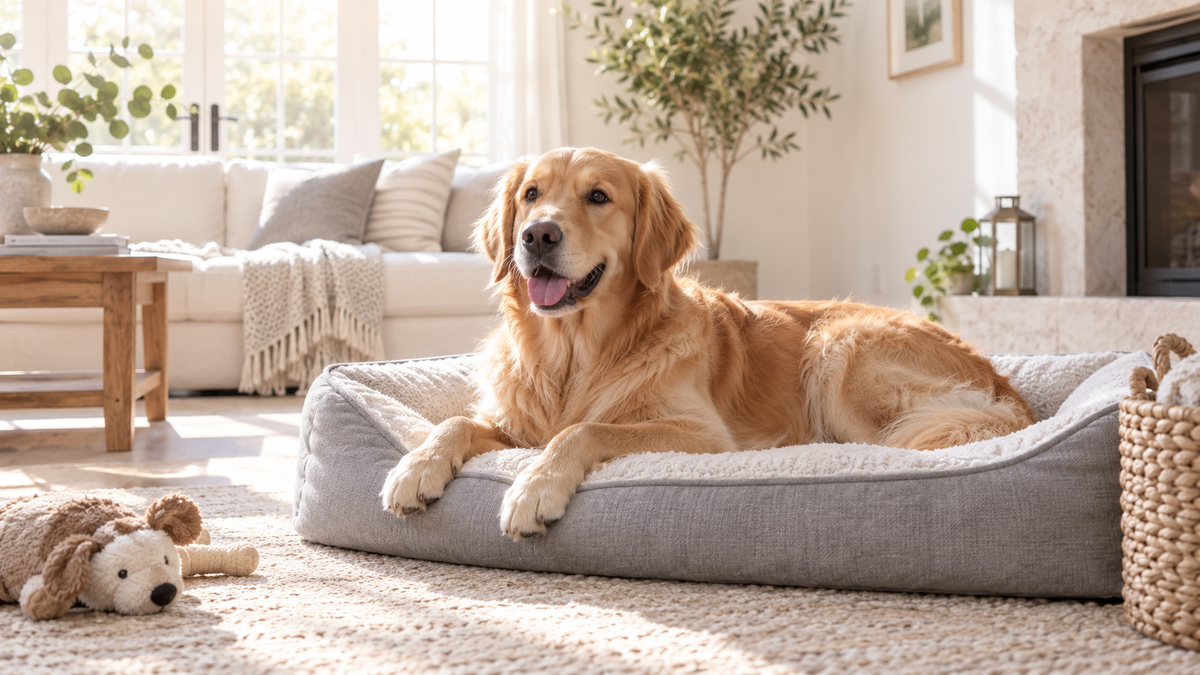 Golden retriever relaxing on a soft bed in a quiet sunlit living room
