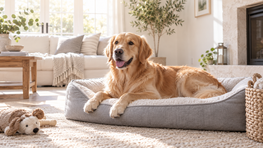 Golden retriever relaxing on a soft bed in a quiet sunlit living room