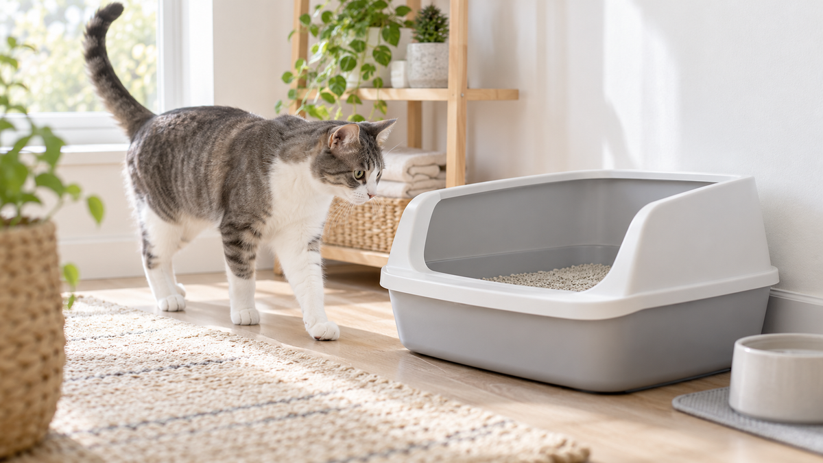 Tabby cat calmly approaching a clean litter box in a quiet home corner
