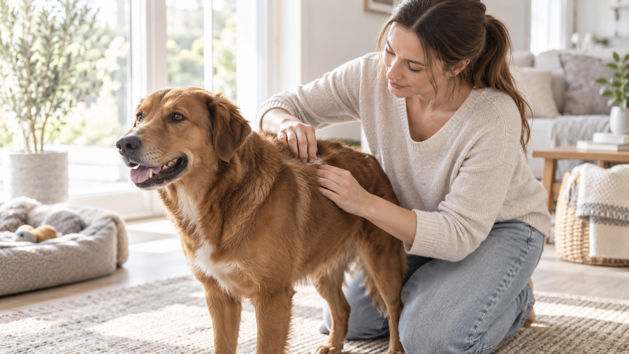 Owner gently checking a brown dog's coat and skin in natural light
