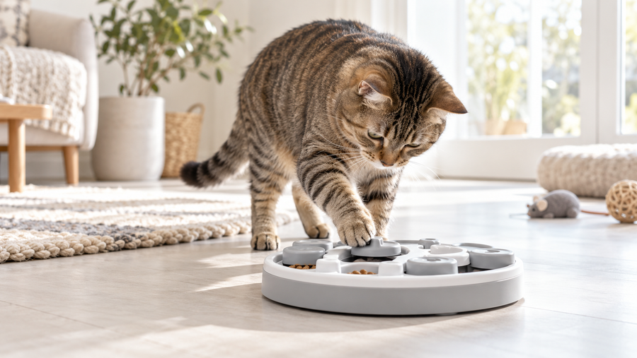 Tabby cat exploring a simple food puzzle feeder on a clean floor