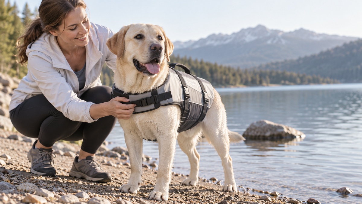 Labrador in a fitted canine life jacket beside a calm lake with its owner