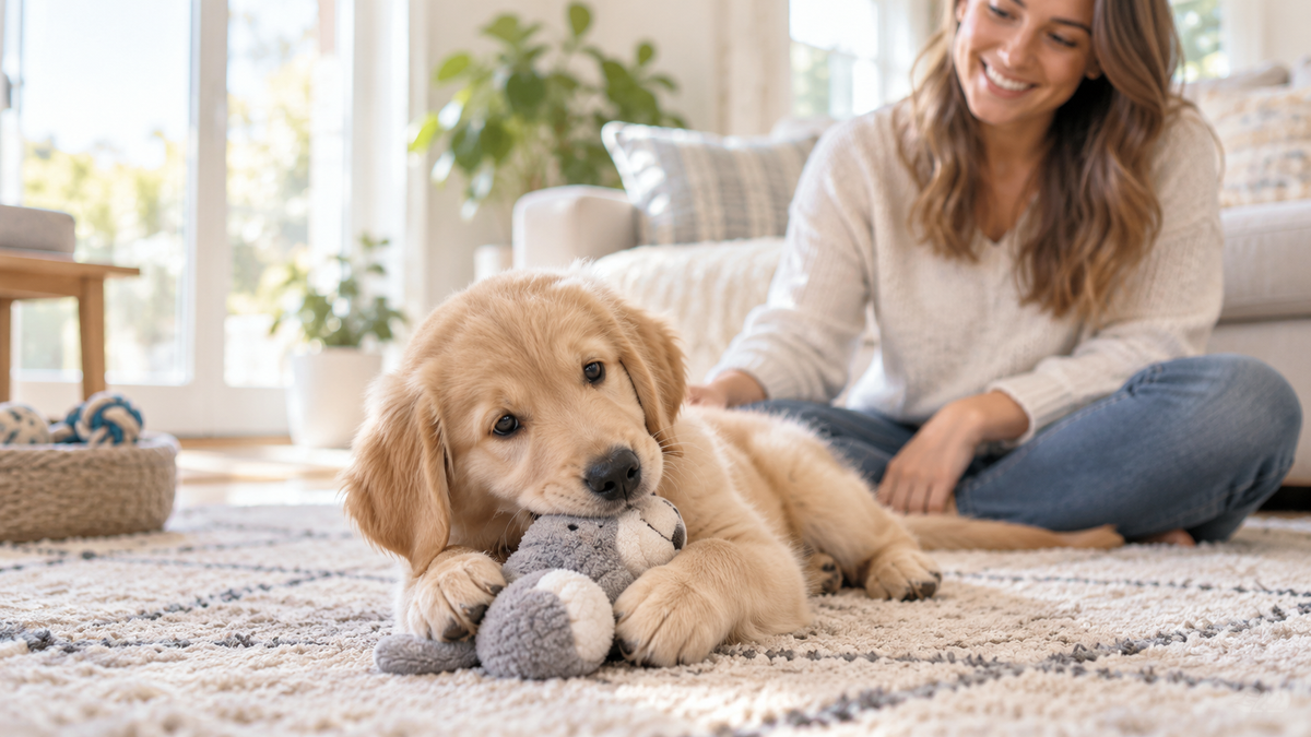 Golden retriever puppy chewing an appropriate soft puppy toy near its owner