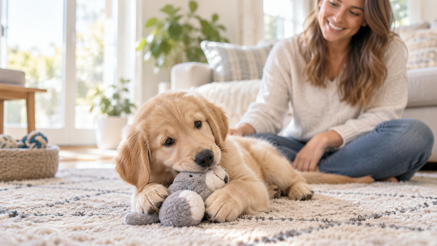 Golden retriever puppy chewing an appropriate soft puppy toy near its owner