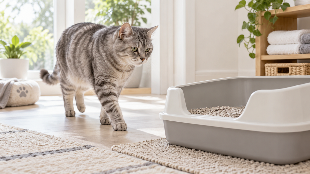 Senior tabby cat walking toward a low-entry litter box in an accessible home