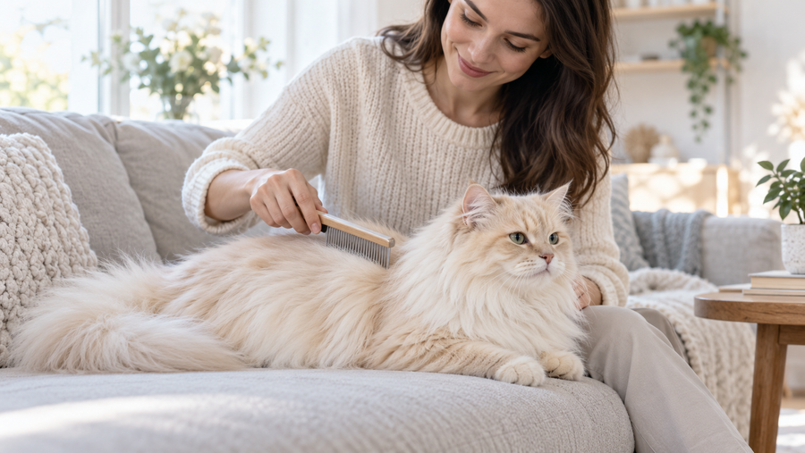 Long-haired cream cat calmly accepting gentle combing on a sofa
