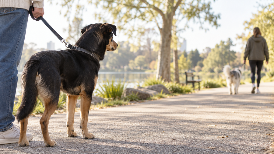 Dog calmly observing another dog at a distance on a spacious park path