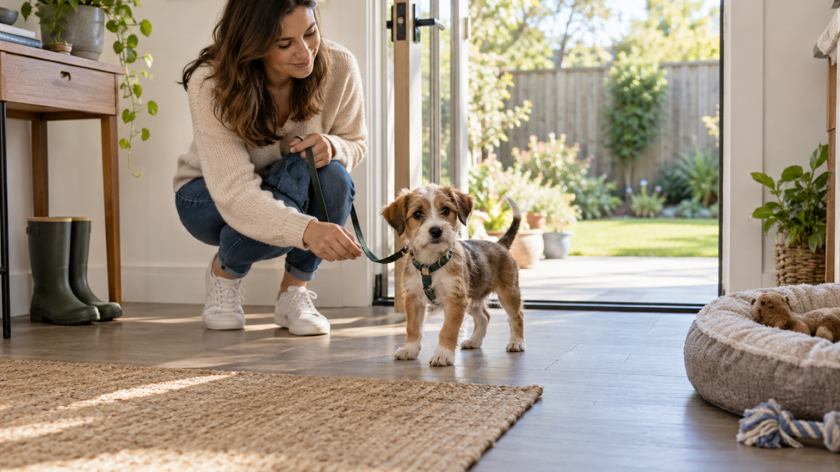 Puppy and owner approaching a fenced garden for a calm toilet break