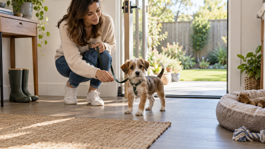 Puppy and owner approaching a fenced garden for a calm toilet break