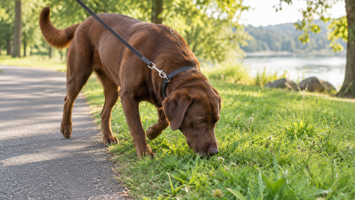 Leashed brown dog sniffing grass beside a quiet park path