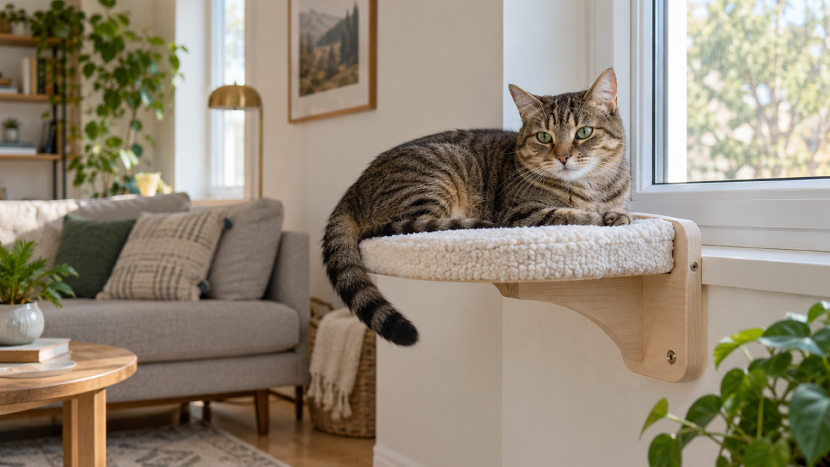 Tabby cat resting on a secure indoor perch in a bright living room