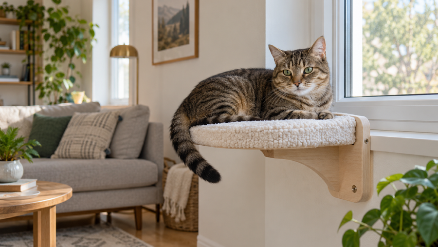 Tabby cat resting on a secure indoor perch in a bright living room