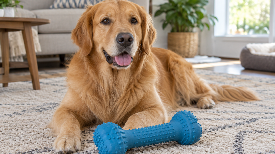 Golden dog resting beside an intact large blue rubber toy