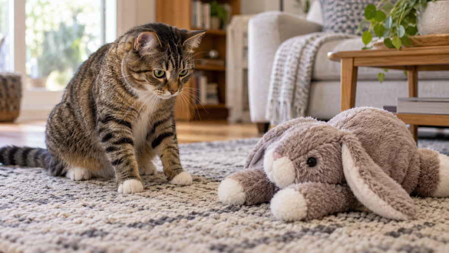 Tabby cat watching a large intact soft toy on a living-room rug