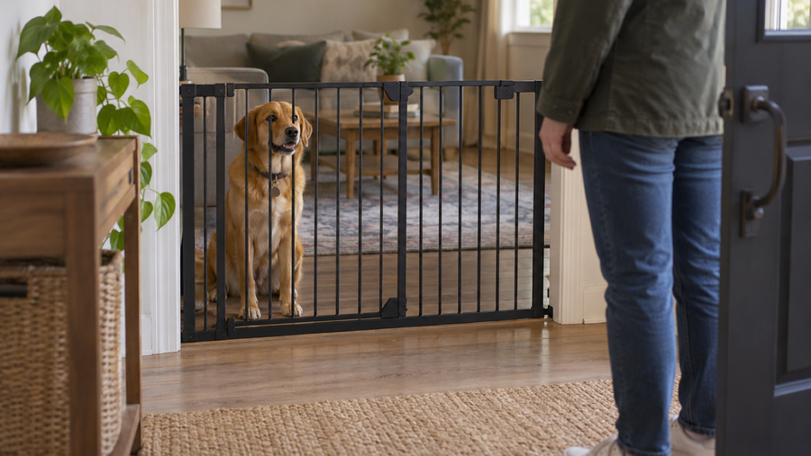 Calm dog waiting behind a home gate while a visitor enters