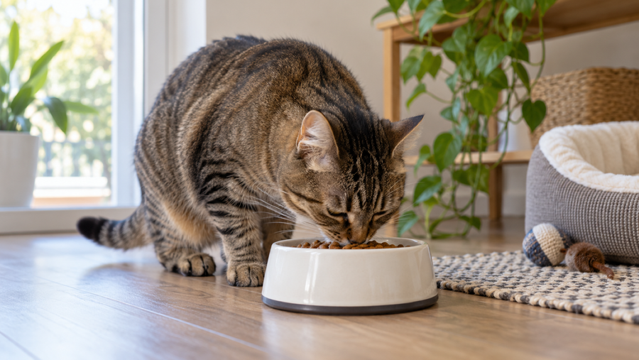 Cat eating a measured meal at a quiet household feeding station
