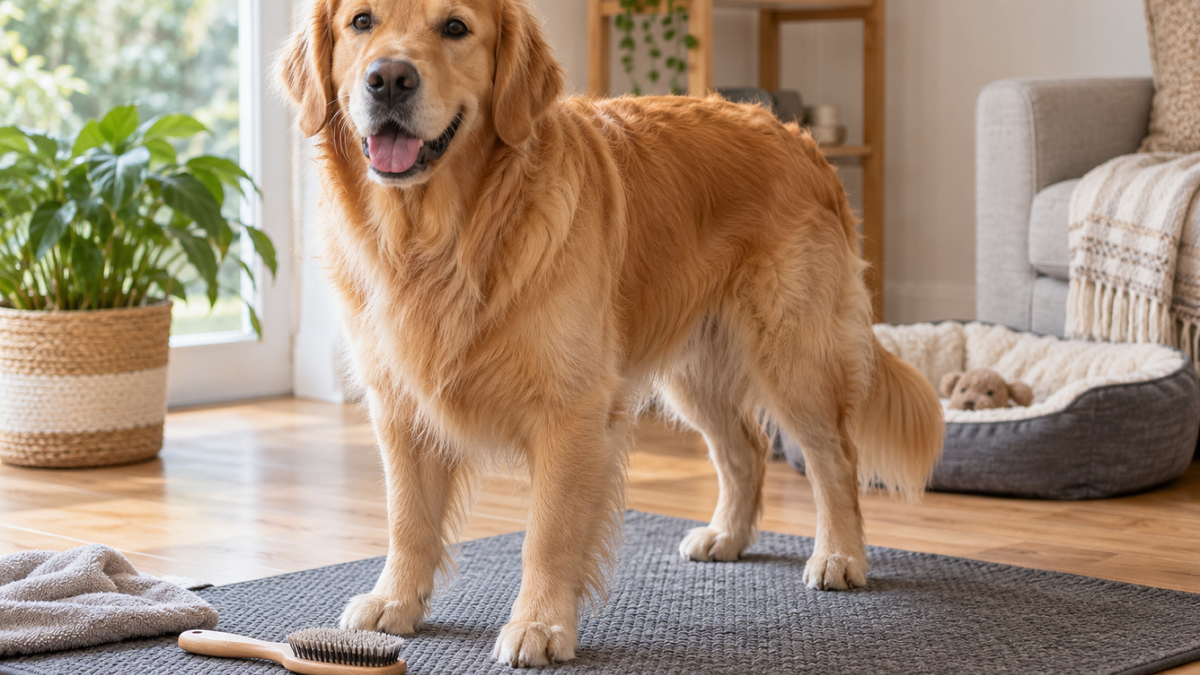 Relaxed dog standing on a non-slip mat beside a soft grooming brush