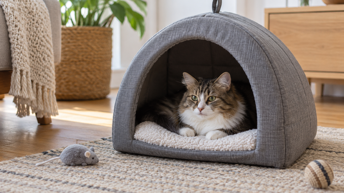 Cat resting in an accessible covered hideaway in a quiet room
