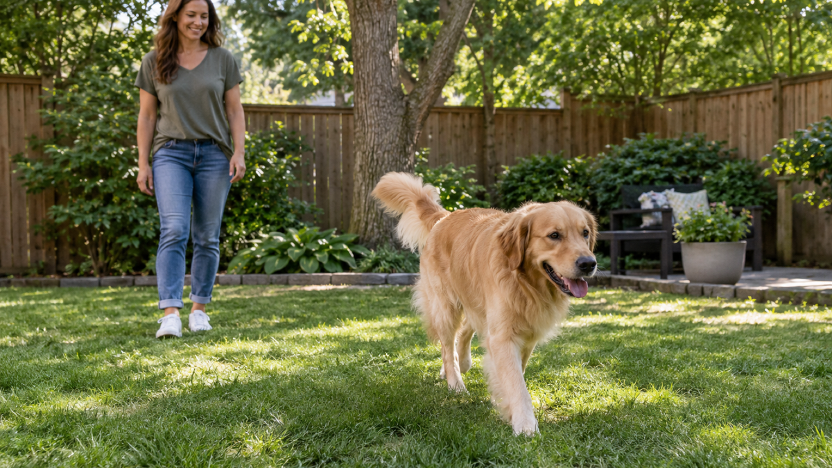 Dog exploring a secure shaded backyard with its owner nearby