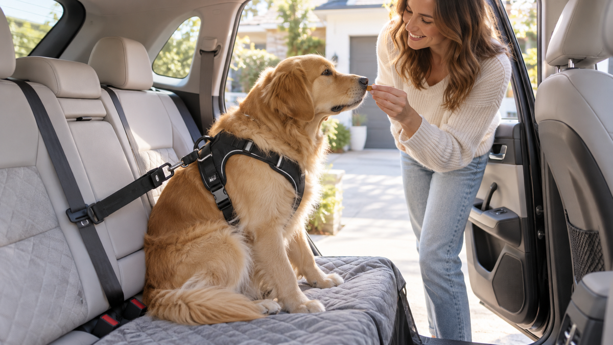 Dog secured in the back seat of a parked car while its owner offers a reward