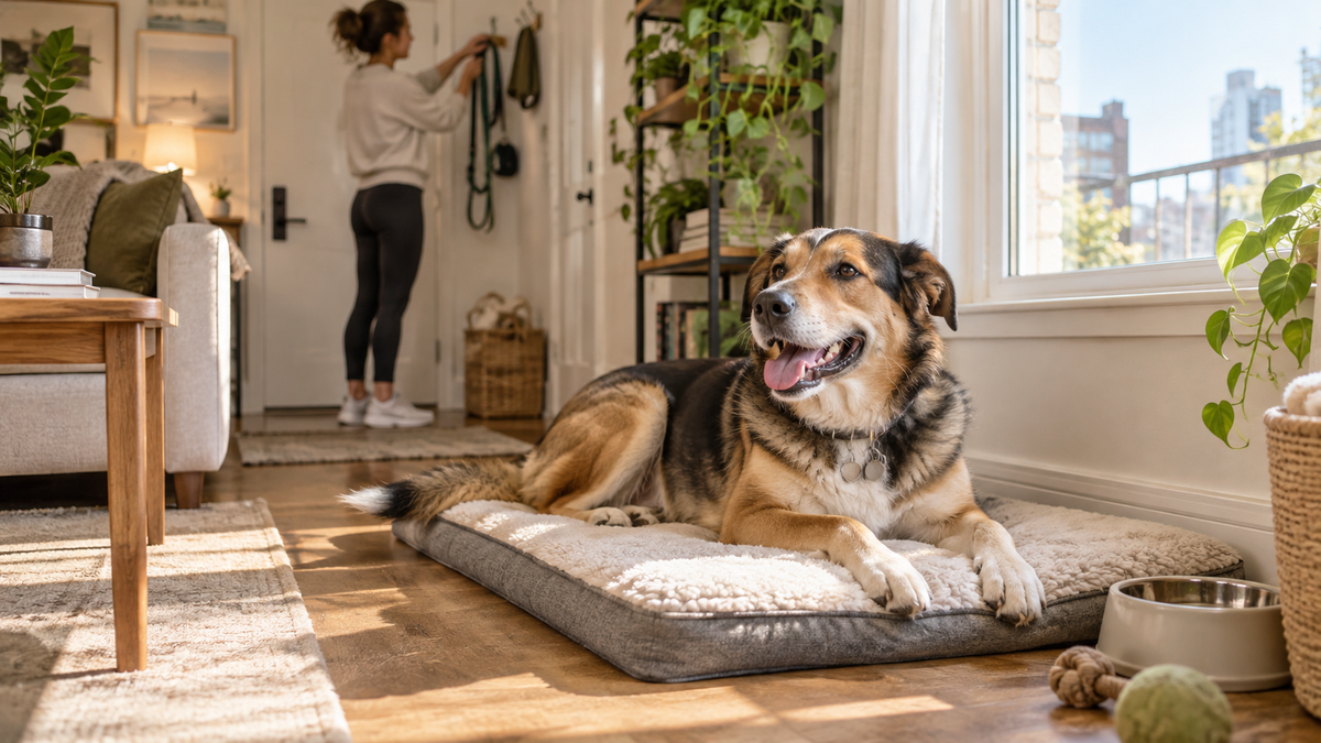 Dog resting on a mat in a bright apartment while its owner hangs a leash