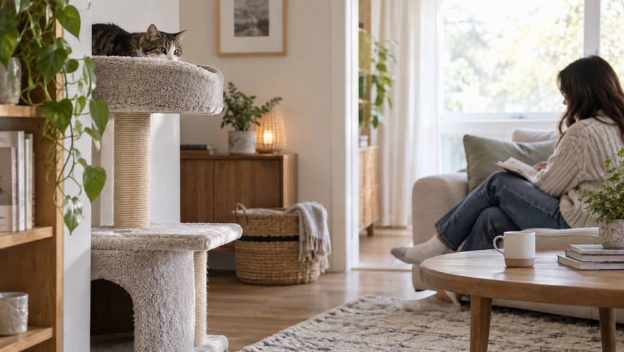 Shy cat watching a seated visitor from an elevated retreat