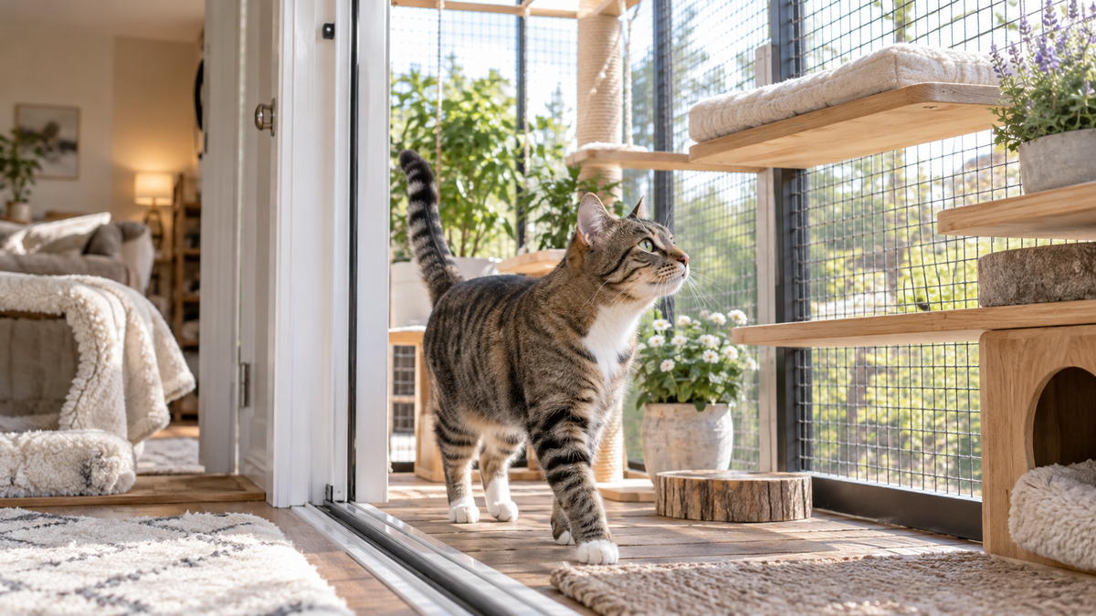 Cat exploring a secure screened outdoor enclosure beside the home