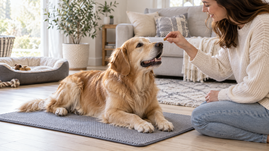 Dog relaxing voluntarily on a mat while its owner offers a small reward