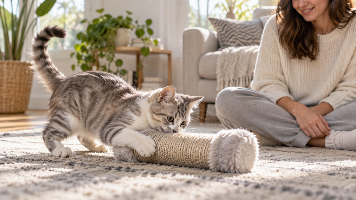 Cat playing with a sturdy kicker toy while the owner's hands stay away