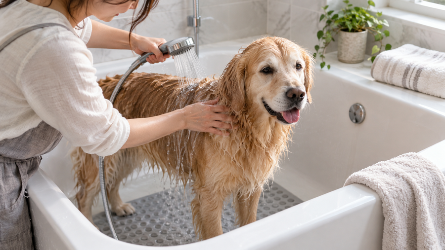 Dog standing on a non-slip bath mat while its owner gently wets its back