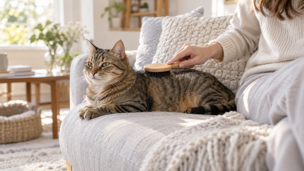 Short-haired cat accepting a gentle soft-brush stroke on a sofa