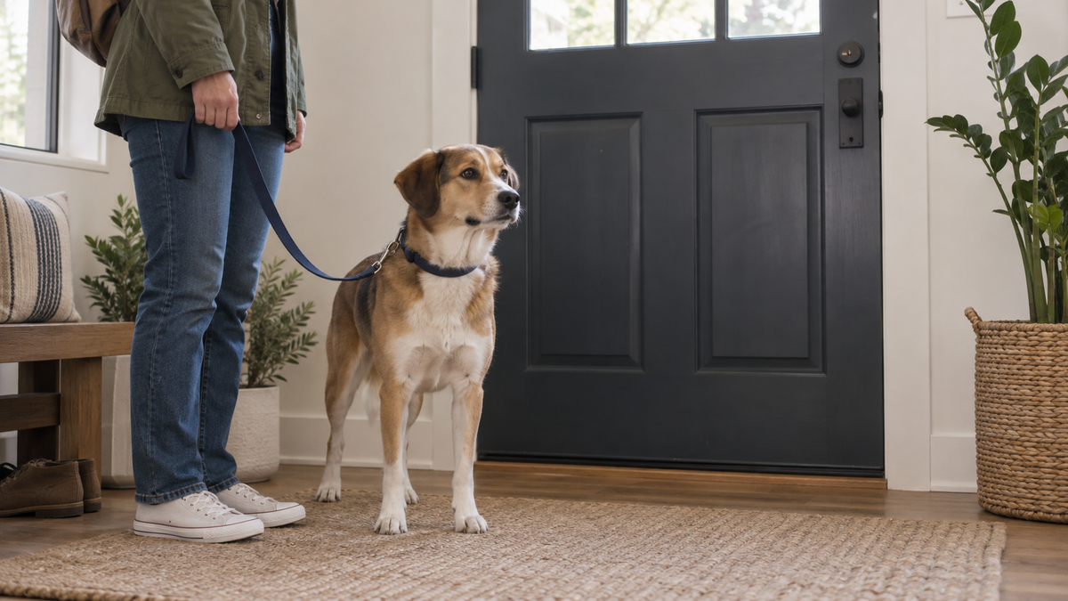 Leashed dog waiting inside beside a closed front door with owner