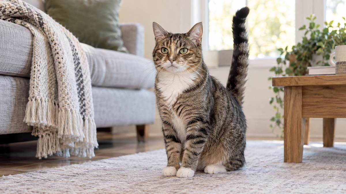 Relaxed cat sitting at home with upright tail and neutral ears