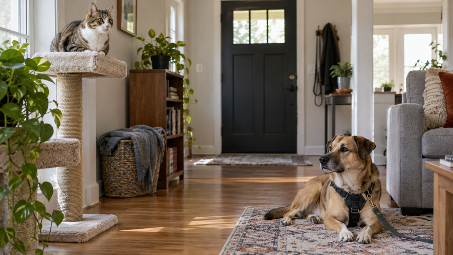 Cat on a high perch and calm leashed dog in separate areas of a home