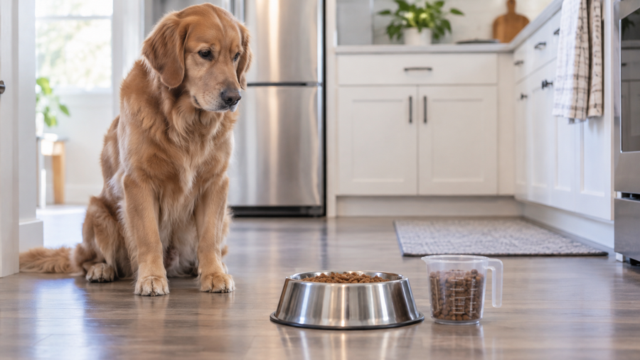 Dog waiting beside a measured meal bowl in a tidy kitchen