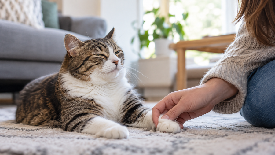 Calm cat resting while owner gently touches one paw