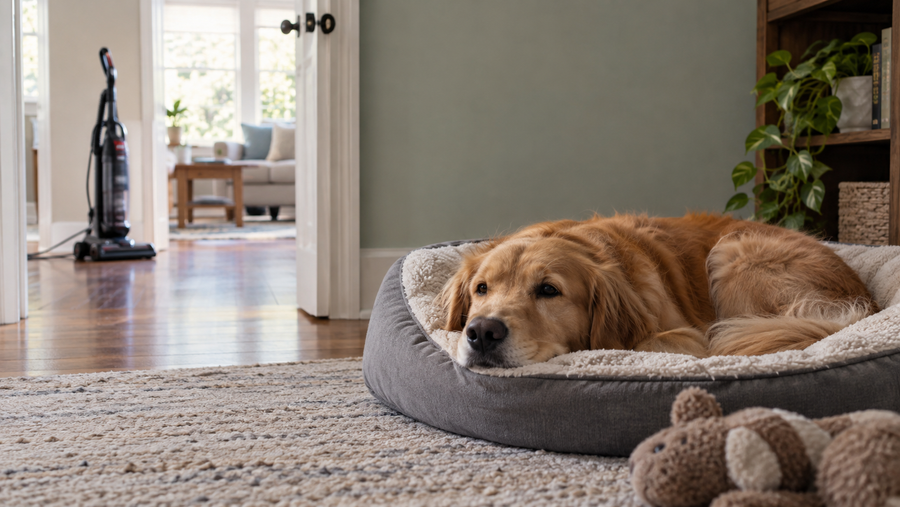Dog relaxing in a separate quiet room while a vacuum stands unused far away